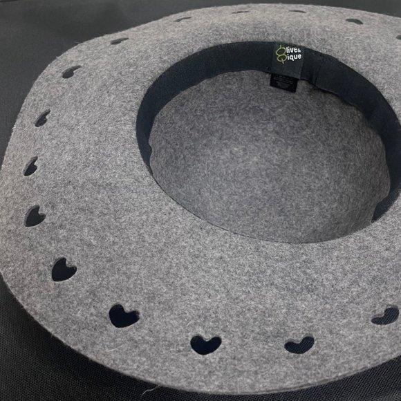 Grey Wool Heart Cutout Brim Floppy Hat with Ribbon Trim - Picture 5 of 5